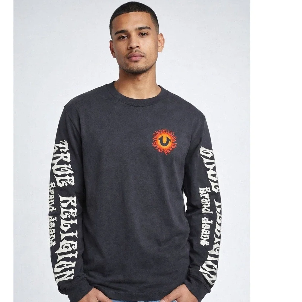 True Religion Long Sleeve T-Shirt‎ Small Blazing Sun Logo Graphic phantom  grey